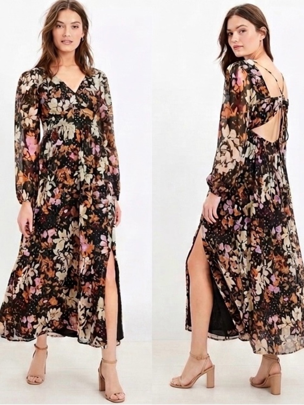 LOFT NWT Floral Long-Sleeve V-Neck Maxi Dress in Black Floral Size 6P